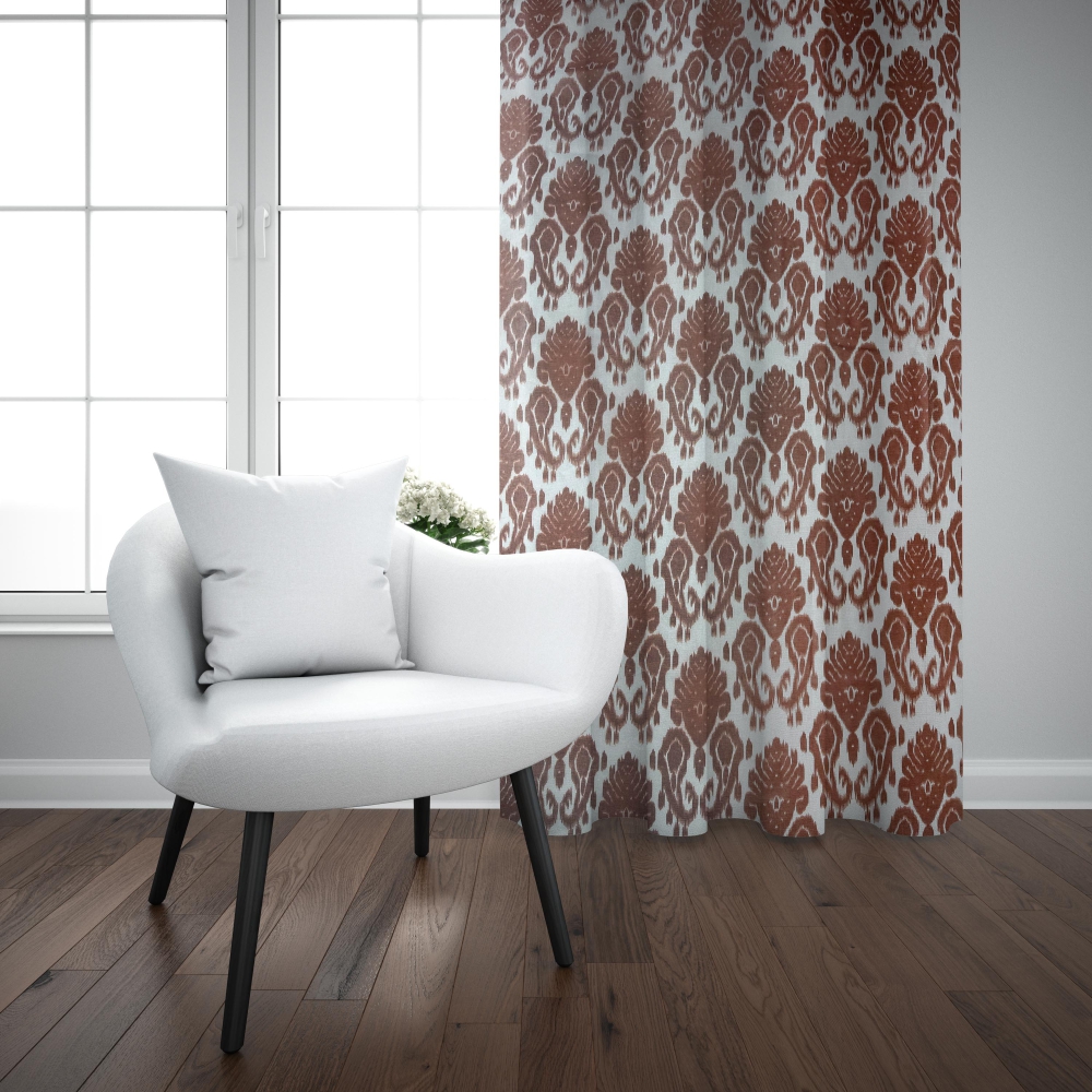 Kurtyny dzienne "Splendor". Zasłony, 140x260 cm. Elegancka zasłona z ciemnordzawymi ornamentami na jasnym tle.
