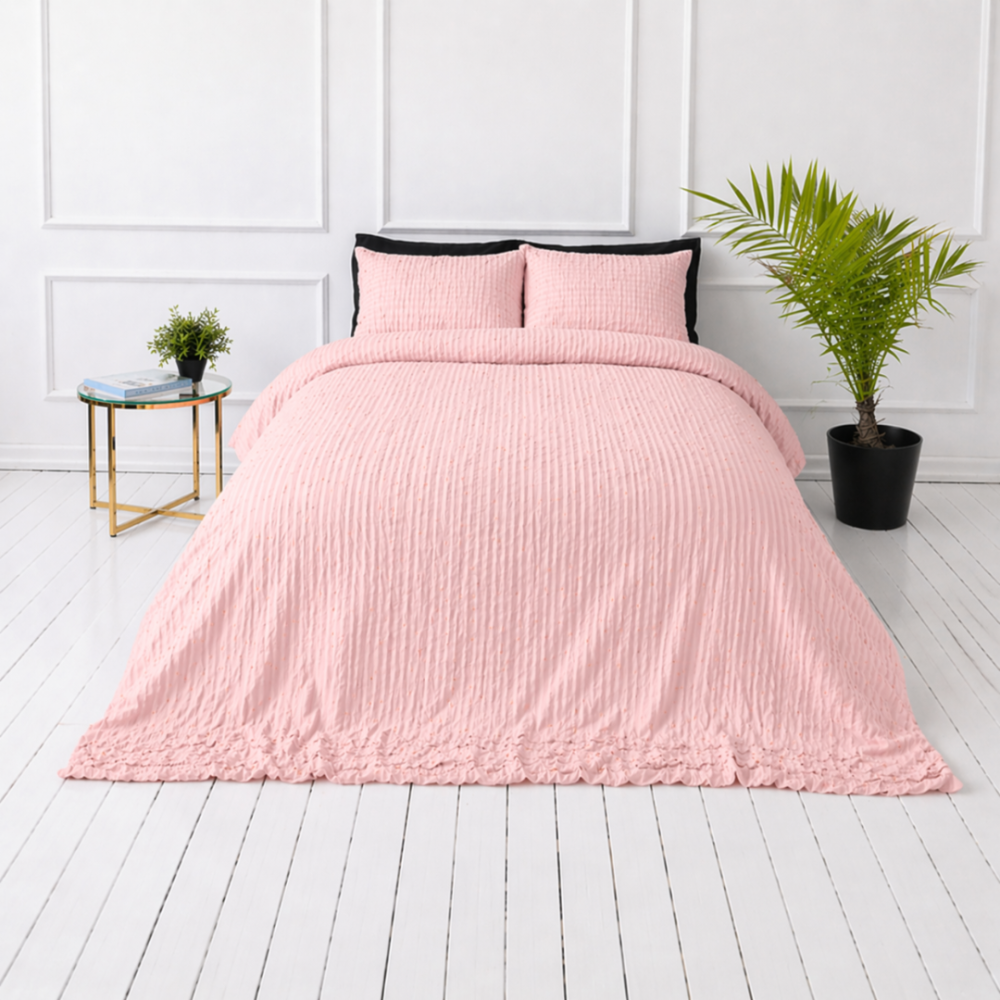 Komplet pościeli z kory „Kora Dusty Rose“. Różowa pościel, 140x200 cm, 150x200 cm, 160x200 cm, 180x200 cm, 200x200 cm, 200x220 cm. Pastelowy różowy komplet pościeli bez wyraźnego wzoru Komplet pościeli z kory „Kora Dusty Rose“. Różowa pościel, 140x200 cm, 150x200 cm, 160x200 cm, 180x200 cm, 200x200 cm, 200x220 cm. Pastelowy różowy komplet pościeli bez wyraźnego wzoru
