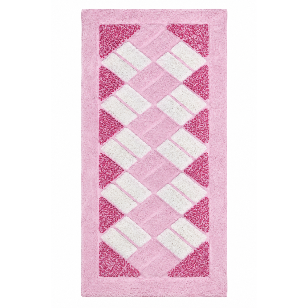 Dywan "Rose Diamond Mosaic Rug". Maty łazienkowe, 70x140 cm. Prostokątny różowy dywan z centralnym wzorem z jasnoróżowych i białych prostokątów, otoczony intensywną różową ramką. Dywan "Rose Diamond Mosaic Rug". Maty łazienkowe, 70x140 cm. Prostokątny różowy dywan z centralnym wzorem z jasnoróżowych i białych prostokątów, otoczony intensywną różową ramką.