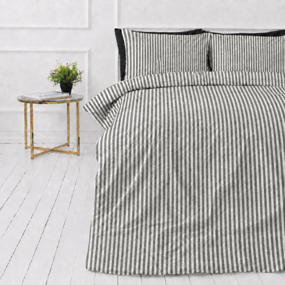 Pościel lniana „Linen Grey Stripes“. Pościel 150x200, 140x200 cm, 150x200 cm, 160x200 cm, 180x200 cm, 200x200 cm, 200x220 cm, 220x240 cm. Elegancki komplet pościeli w szare i białe paski.