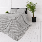 Pościel lniana „Linen Grey Stripes“. Pościel 150x200, 140x200 cm, 150x200 cm, 160x200 cm, 180x200 cm, 200x200 cm, 200x220 cm, 220x240 cm. Neutralny szary komplet pościeli z kontrastującymi białymi paskami.