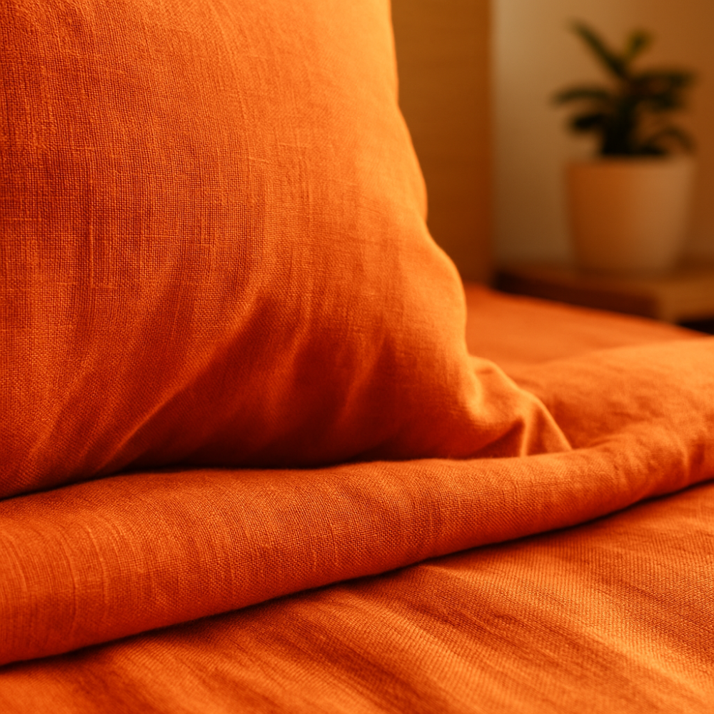 Lniana pościel "Linen Orange". Pościel Lniana, 140x200 cm, 200x200 cm, 200x220 cm, 220x240 cm. Delikatna struktura lnu w intensywnie pomarańczowym komplecie pościeli.