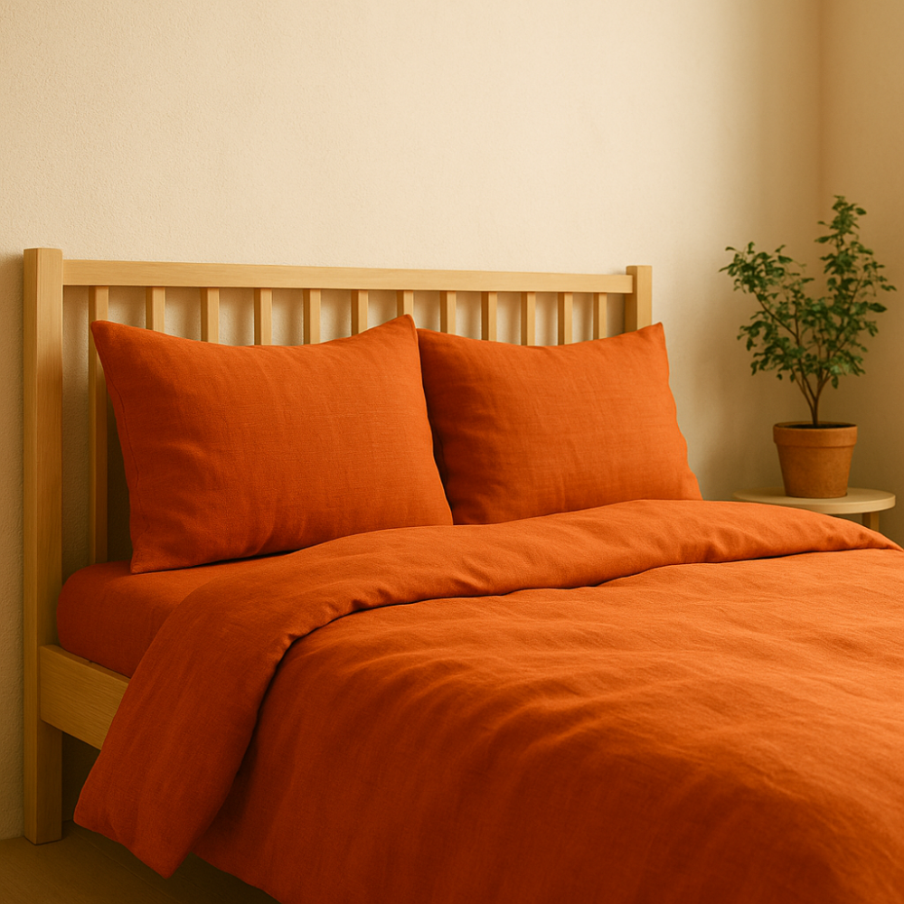 Lniana pościel "Linen Orange". Pościel Lniana, 140x200 cm, 200x200 cm, 200x220 cm, 220x240 cm. Matowa faktura tkaniny w pomarańczowej lnianej pościeli.