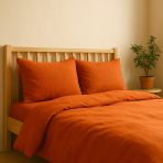 Lniana pościel "Linen Orange". Pościel Lniana, 140x200 cm, 200x200 cm, 200x220 cm, 220x240 cm. Matowa faktura tkaniny w pomarańczowej lnianej pościeli.
