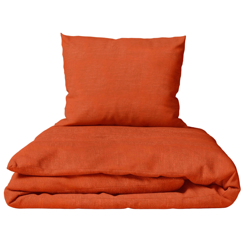 Lniana pościel "Linen Orange". Pościel Lniana, 140x200 cm, 200x200 cm, 200x220 cm, 220x240 cm. Intensywny pomarańczowy kolor lnianej poszwy i poszewek bez wzorów.