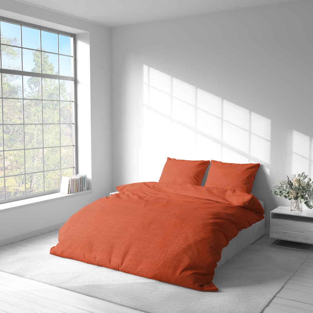 Lniana pościel "Linen Orange". Pościel Lniana, 140x200 cm, 200x200 cm, 200x220 cm, 220x240 cm. Delikatna struktura lnu w intensywnie pomarańczowym komplecie pościeli.