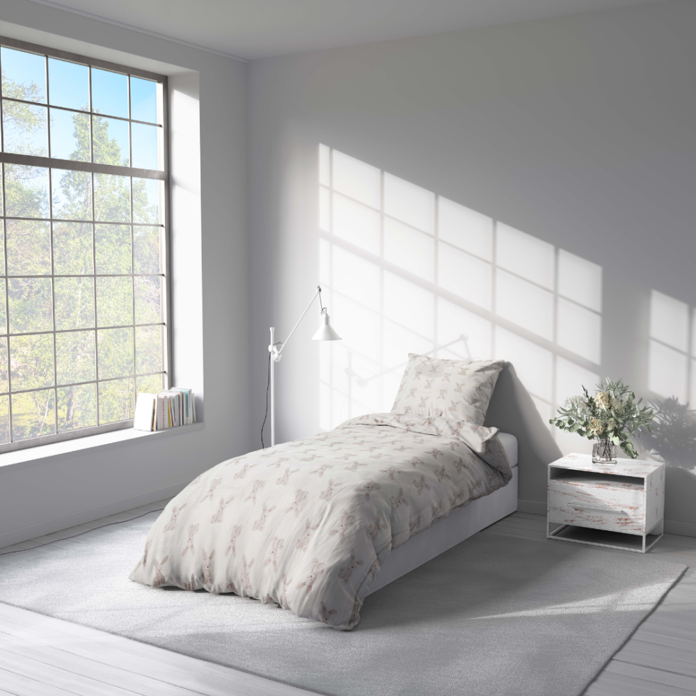 Pościel z muślinu „Sweet Bunny Rest“. Pościel bawełniana, 140x200 cm, 160x200 cm. Subtelny i elegancki design pościeli z zabawnymi króliczkami, idealny do sypialni.