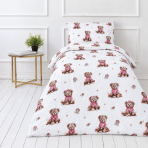 Pościel muślinowa "Fluffy Bear muslin“. Komplety pościeli, 140x200 cm, 150x200 cm, 160x200 cm. Brązowe misie, różowawe muszelki i drobne gwiazdki rozmieszczone na białym tle.