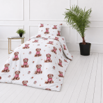Pościel muślinowa "Fluffy Bear muslin“. Komplety pościeli, 140x200 cm, 150x200 cm, 160x200 cm. Komplet pościeli we wzór misiów z różowymi, brązowymi i szarymi akcentami na białym tle.
