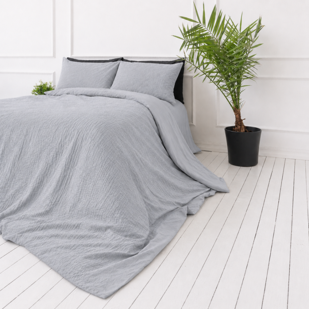 Pościel muślinowa "Grey muslin“. Komplety pościeli, 200x200 cm, 200x220 cm. Delikatnie szary komplet pościeli o naturalnie marszczonej powierzchni