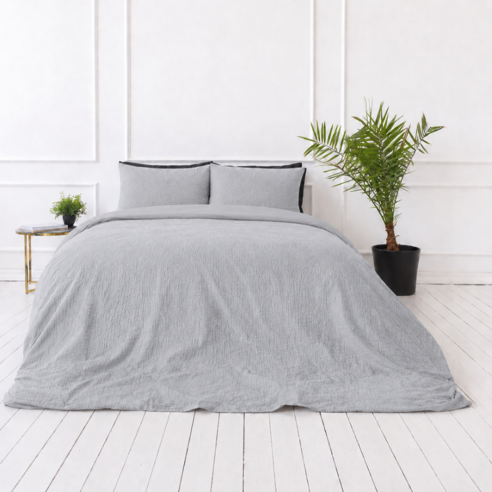 Pościel muślinowa "Grey muslin“. Komplety pościeli, 200x200 cm, 200x220 cm. Minimalistyczny szary komplet pościeli muślinowej o subtelnej strukturze