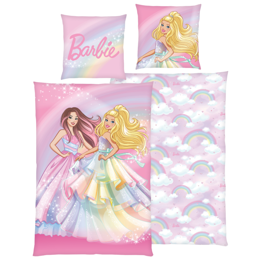 Pościel bawełniana „Barbie“. Pościel bawełniana, 135x200 cm. Różowy komplet pościeli z barbie, jej przyjaciółką i błyszczącymi detalami. Pościel bawełniana „Barbie“. Pościel bawełniana, 135x200 cm. Różowy komplet pościeli z barbie, jej przyjaciółką i błyszczącymi detalami.