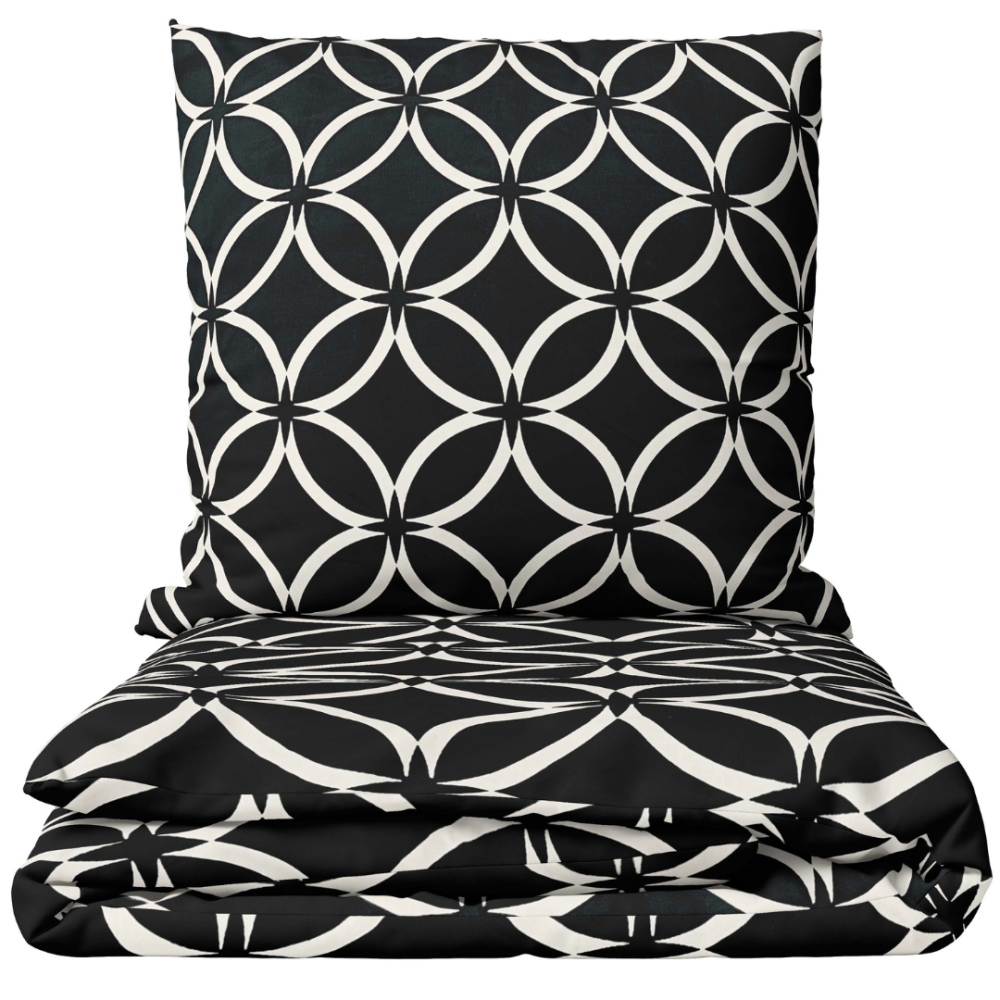 Pościel bawełniana „Black Retro Rings“. Komplety pościeli 200x220, 140x200 cm, 160x200 cm, 200x200 cm, 200x220 cm. Czarny komplet pościeli z nakładającymi się białymi okręgami