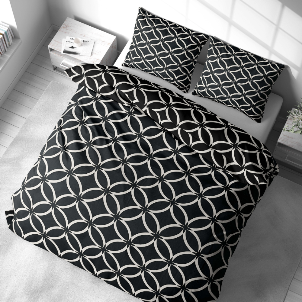 Pościel bawełniana „Black Retro Rings“. Komplety pościeli 200x220, 140x200 cm, 160x200 cm, 200x200 cm, 200x220 cm. Symetryczny wzór okręgów na czarnym tle