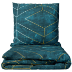 Komplet pościeli "Tethrys". Zielona pościel, 140x200 cm, 150x200 cm, 160x200 cm, 180x200 cm, 200x200 cm, 200x220 cm, 220x240 cm. Ciemnozielony komplet pościeli ze złotymi i białymi liniami.