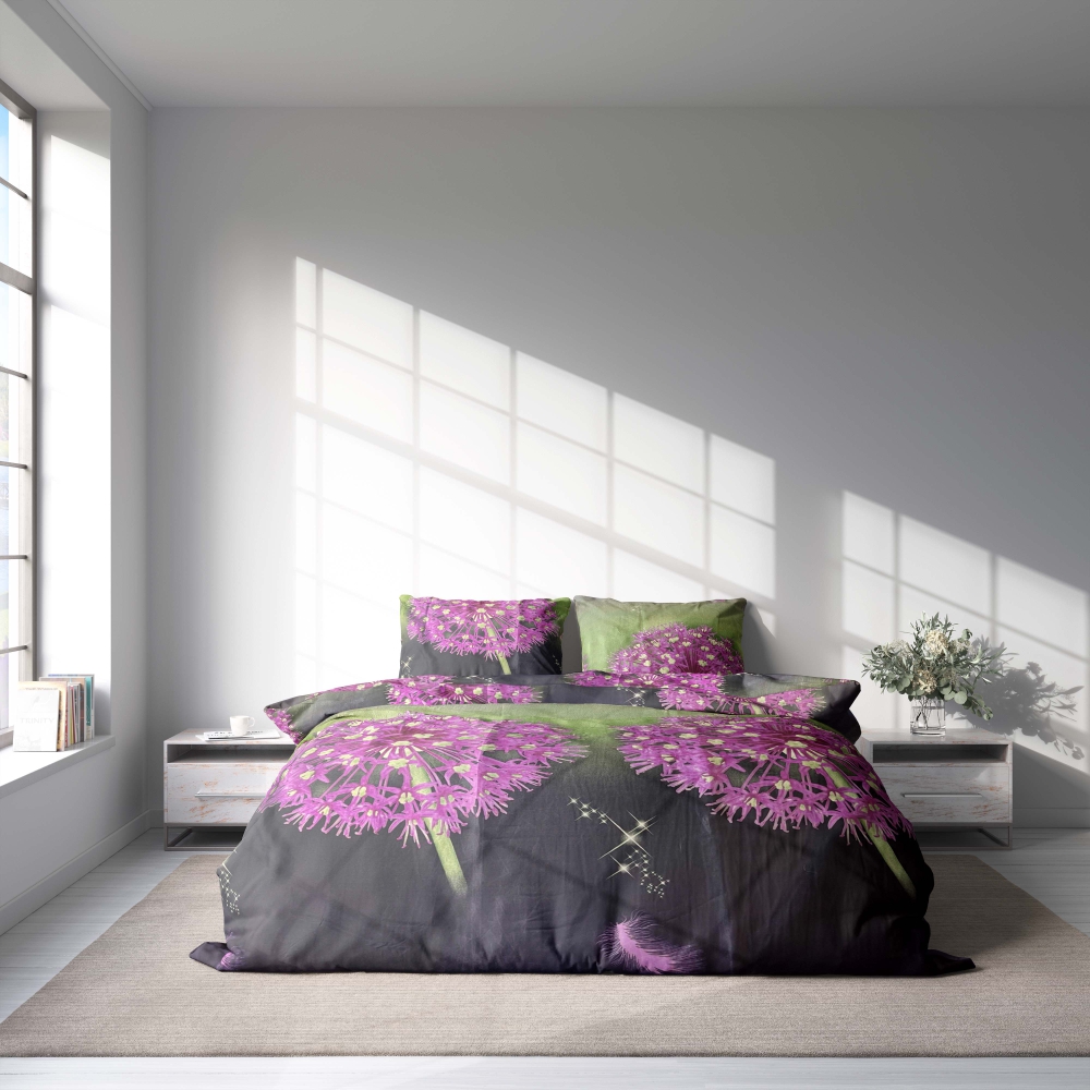 Komplet pościeli "Burdock". Komplety pościeli 140x200, 140x200 cm, 150x200 cm, 160x200 cm, 180x200 cm, 200x200 cm, 200x220 cm. Zestaw pościeli w ciemnych i jasnych odcieniach zieleni ozdobiony efektownymi motywami łopianu.