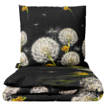 Komplet pościeli „Dandelion Night“. Komplety pościeli 140x200, 140x200 cm, 200x200 cm, 200x220 cm. Komplet pościeli z wzorem dmuchawców i żółtych kwiatów na czarnym tle.