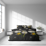Komplet pościeli „Dandelion Night“. Komplety pościeli 140x200, 140x200 cm, 200x200 cm, 200x220 cm. Pościel z subtelnym wzorem dmuchawców i kwiatów, kontrastującym z czarnym tłem.