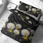 Komplet pościeli „Dandelion Night“. Komplety pościeli 140x200, 140x200 cm, 200x200 cm, 200x220 cm. Komplet pościeli, łączący motywy dmuchawców i żółtych kwiatów z czarnym tłem.