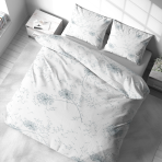 Komplet pościeli "Dandelion puff". Pościel hotelowa, 140x200 cm, 160x200 cm, 200x200 cm, 200x220 cm. Uroczy biały komplet pościeli z srebrnymi dmuchawcami unoszącymi się w całym wzorze, dodający odrobinę magii.