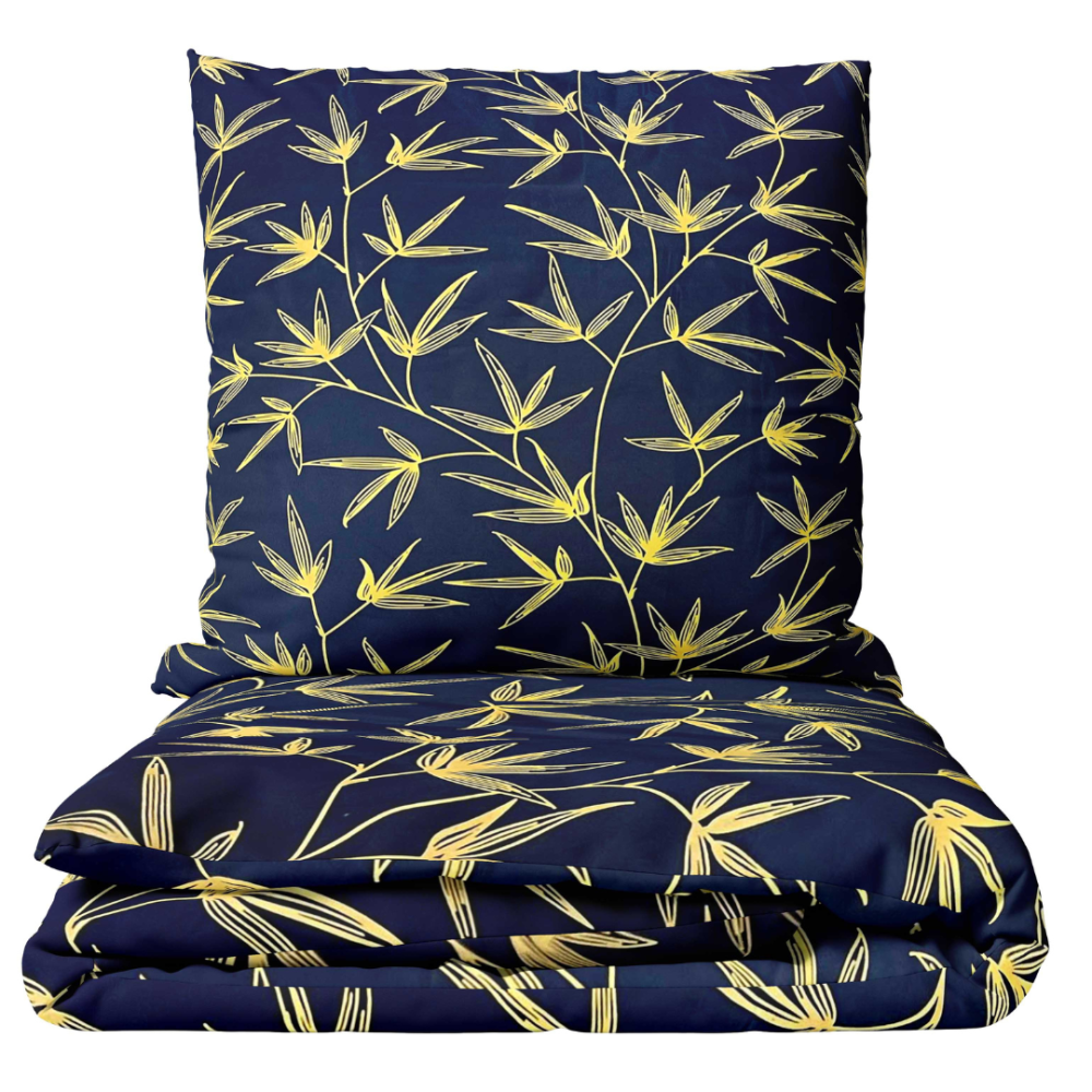 Komplet pościeli „Dawn Botanical“. Komplety pościeli 140x200, 140x200 cm, 160x200 cm, 200x200 cm, 200x220 cm. Ciemnoniebieski zestaw pościeli z żywymi żółtymi gałązkami, tworzący uderzający kontrast w wystroju twojej sypialni.