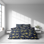 Komplet pościeli „Dawn Botanical“. Komplety pościeli 140x200, 140x200 cm, 160x200 cm, 200x200 cm, 200x220 cm. Elegancki ciemnoniebieski zestaw pościeli z misternymi wzorami żółtych gałązek, idealny do stylowej i spokojnej sypialni.