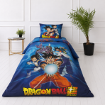 Pościel bawełniana „Dragon Ball Super“. Pościel bawełniana, 135x200 cm. Dwustronny niebieski wzór dragon ball super z motywami postaci oraz pomarańczowymi, białymi i ciemnoniebieskimi symbolami