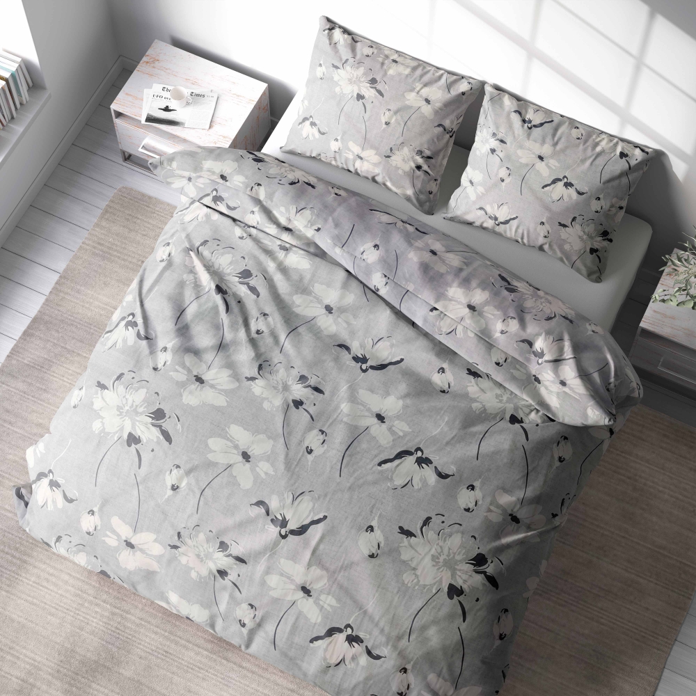 Komplet pościeli "Drizzle". Komplety pościeli 140x200, 140x200 cm, 200x200 cm, 200x220 cm, 220x240 cm. Elegancka szara pościel w ciemniejsze kropki i misterne kwiatowe wzory.