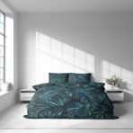 Komplet pościeli „Fern Whisper“. Komplety pościeli 140x200, 140x200 cm, 160x200 cm, 200x200 cm, 200x220 cm, 220x240 cm. Elegancki ciemnozielony zestaw pościeli z misternymi liśćmi paproci, wnoszący odrobinę botanicznego uroku do wystroju twojej sypialni.