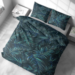 Komplet pościeli „Fern Whisper“. Komplety pościeli 140x200, 140x200 cm, 160x200 cm, 200x200 cm, 200x220 cm, 220x240 cm. Ciemnozielony zestaw pościeli z pięknymi wzorami liści paproci, tworzący spokojną i orzeźwiającą atmosferę w twojej przestrzeni.