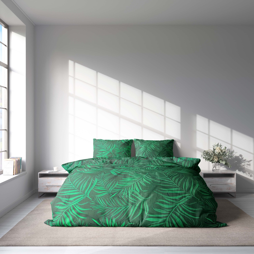 Komplet pościeli "Fern". Komplety pościeli 140x200, 140x200 cm, 160x200 cm, 200x200 cm, 200x220 cm. Uspokajająca zielona pościel ozdobiona dużymi motywami paproci, wprowadzająca do wnętrza atmosferę zewnętrzną