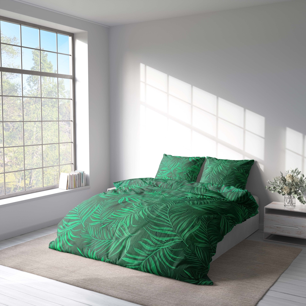 Komplet pościeli "Fern". Komplety pościeli 140x200, 140x200 cm, 160x200 cm, 200x200 cm, 200x220 cm. Komplet pościeli z wyraźnym wzorem paproci na ciemnozielonym tle