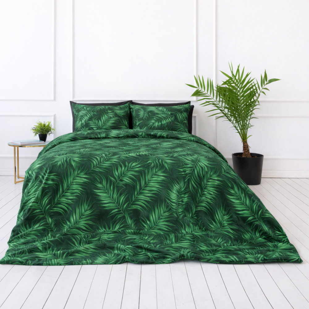 Komplet pościeli "Fern". Pościel z roślinami, 140x200 cm, 150x200 cm, 160x200 cm, 180x200 cm, 200x200 cm, 200x220 cm. Komplet pościeli z wyraźnym wzorem paproci na ciemnozielonym tle