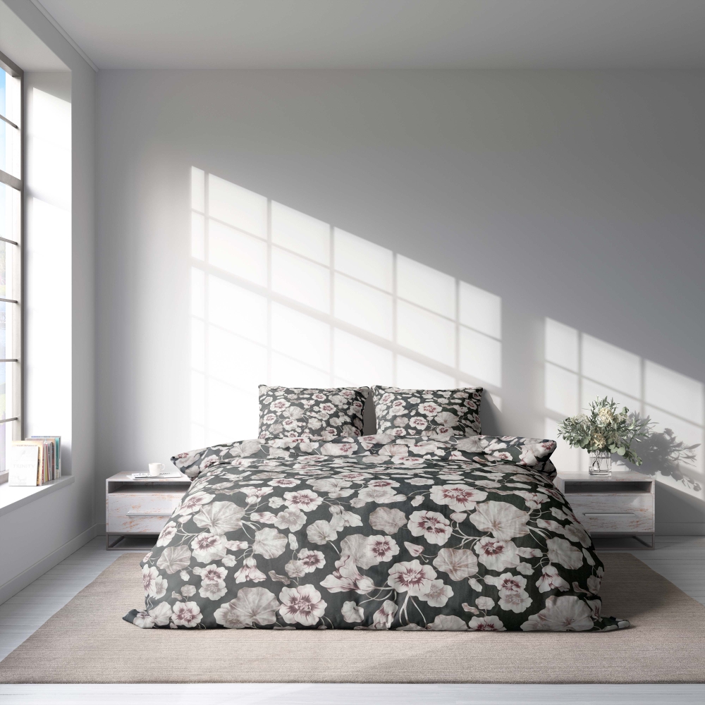 Komplet pościeli "Floret". Komplety pościeli 140x200, 140x200 cm, 160x200 cm, 200x200 cm, 200x220 cm, 220x240 cm. Wyrafinowany zestaw ciemnoszarej pościeli z brązowawymi motywami kwiatowymi.