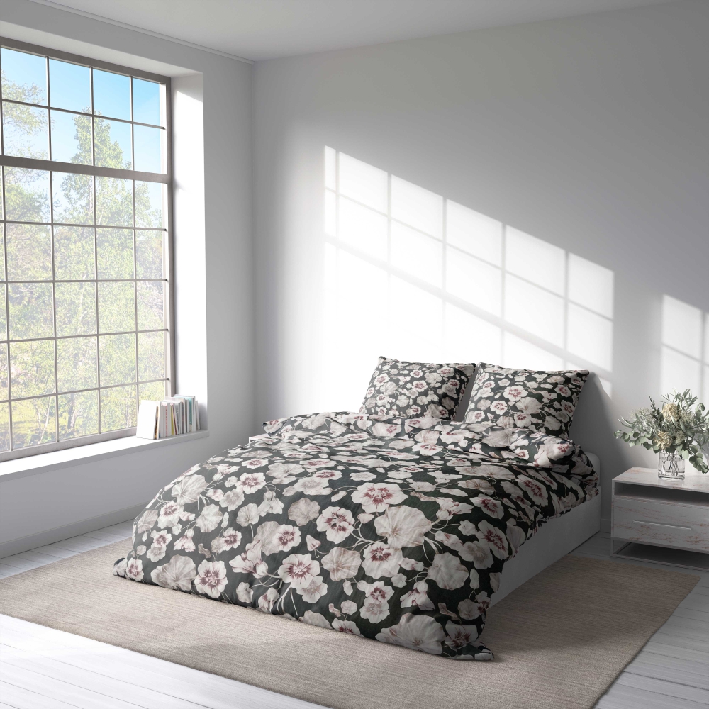 Komplet pościeli "Floret". Komplety pościeli 140x200, 140x200 cm, 160x200 cm, 200x200 cm, 200x220 cm, 220x240 cm. Stylowa ciemnoszara pościel z misternym wzorem w płatki kwiatów.
