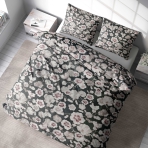 Komplet pościeli "Floret". Komplety pościeli 140x200, 140x200 cm, 160x200 cm, 200x200 cm, 200x220 cm, 220x240 cm. Szykowna ciemnoszara pościel ozdobiona delikatnymi brązowawymi płatkami kwiatów.