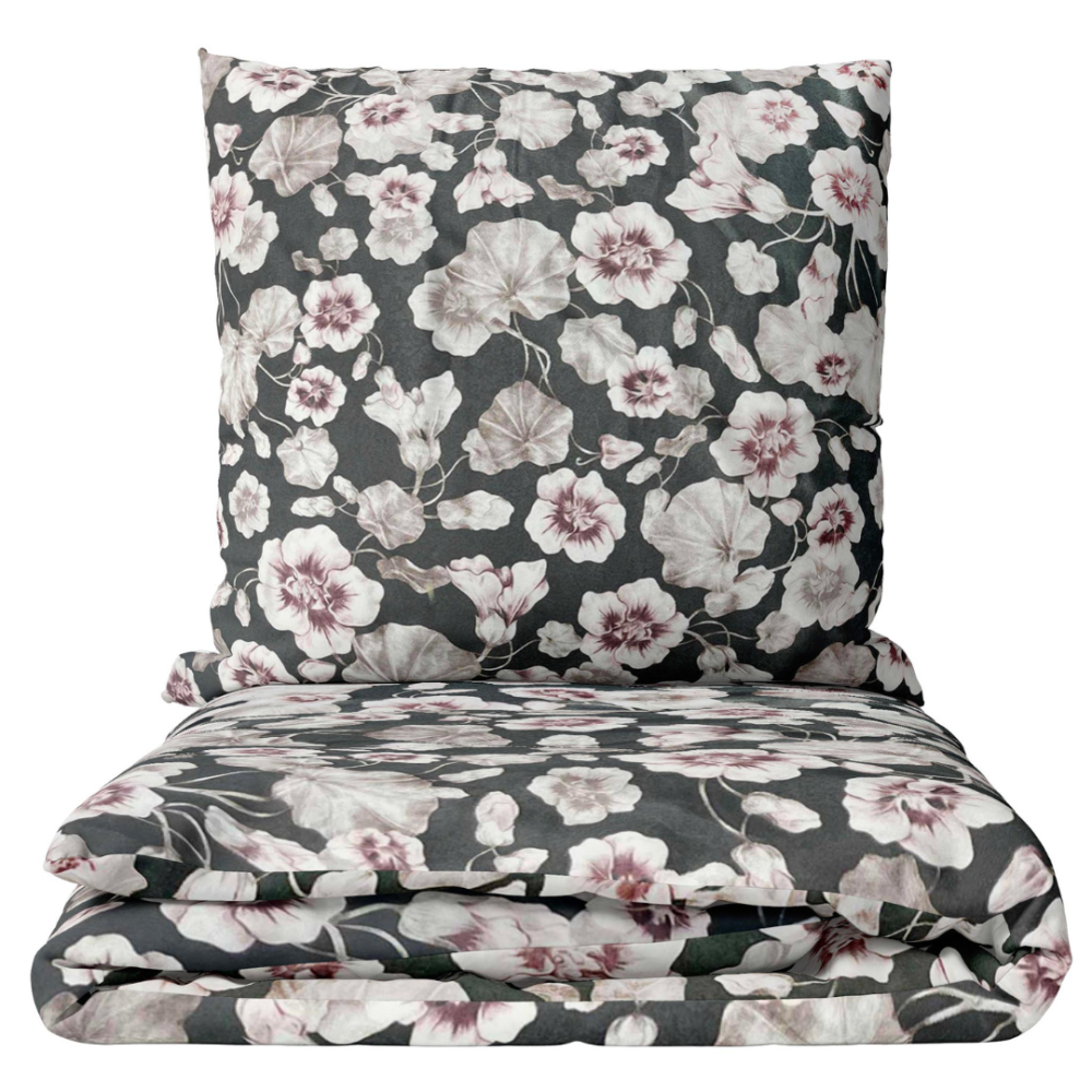Komplet pościeli "Floret". Komplety pościeli 140x200, 140x200 cm, 160x200 cm, 200x200 cm, 200x220 cm, 220x240 cm. Elegancka ciemnoszara pościel z misternym brązowawym wzorem płatków kwiatów.