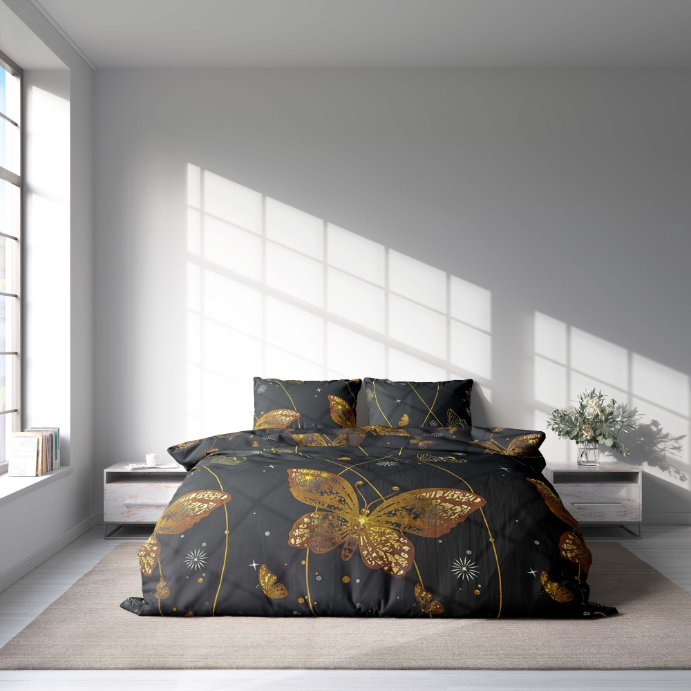 Komplet pościeli "Flutter". Komplety pościeli 140x200, 140x200 cm, 200x200 cm, 200x220 cm, 220x240 cm. Mistyczna czarna pościel z żywymi pomarańczowymi motylami tańczącymi wśród wirujących linii.