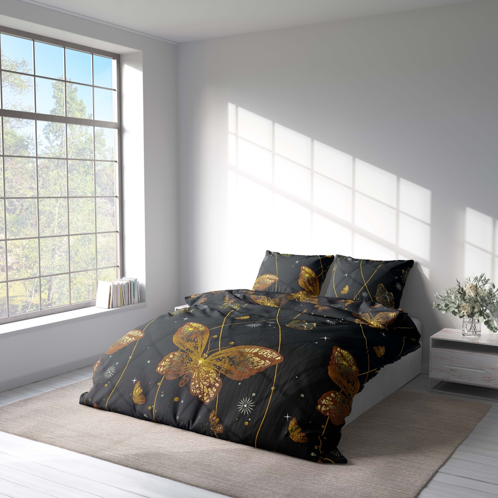 Komplet pościeli "Flutter". Komplety pościeli 140x200, 140x200 cm, 200x200 cm, 200x220 cm, 220x240 cm. Elegancka czarna pościel ożywiona promiennymi pomarańczowymi motylami i figlarnymi migotaniami.