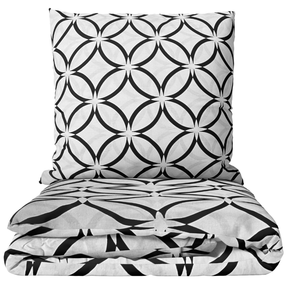 Pościel bawełniana „Grey Retro Rings“. Komplety pościeli 200x220, 140x200 cm, 160x200 cm, 200x200 cm, 200x220 cm. Komplet pościeli w szaro-czarny geometryczny wzór z powtarzającymi się okręgami