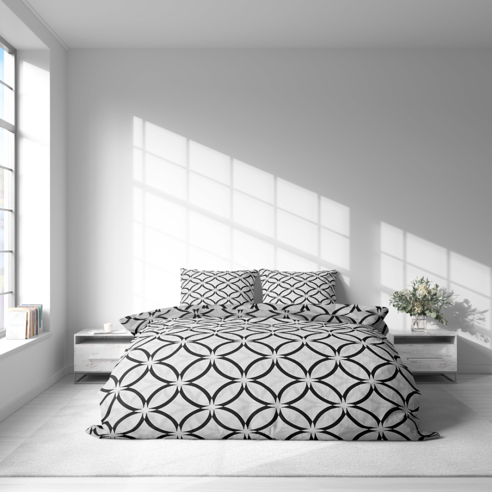 Pościel bawełniana „Grey Retro Rings“. Komplety pościeli 200x220, 140x200 cm, 160x200 cm, 200x200 cm, 200x220 cm. Pościel w stylu minimalistycznym z ornamentem czarnych kółek na jasnym tle