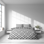 Pościel bawełniana „Grey Retro Rings“. Komplety pościeli 200x220, 140x200 cm, 160x200 cm, 200x200 cm, 200x220 cm. Pościel w stylu minimalistycznym z ornamentem czarnych kółek na jasnym tle