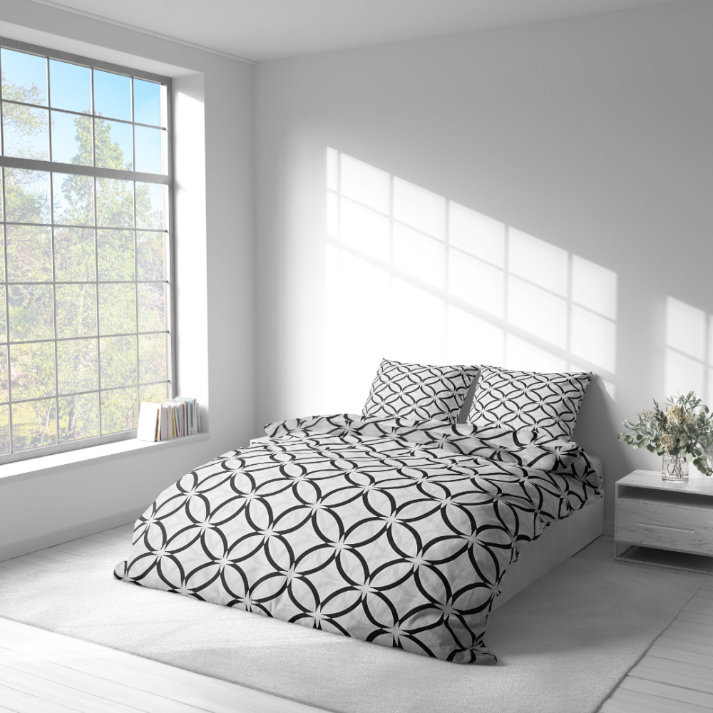 Pościel bawełniana „Grey Retro Rings“. Komplety pościeli 200x220, 140x200 cm, 160x200 cm, 200x200 cm, 200x220 cm. Kontrastowy szary komplet pościeli z czarnymi motywami pierścieni