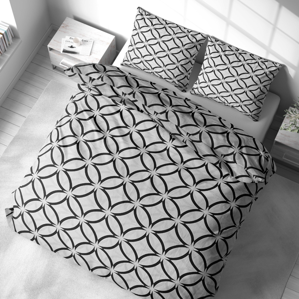 Pościel bawełniana „Grey Retro Rings“. Komplety pościeli 200x220, 140x200 cm, 160x200 cm, 200x200 cm, 200x220 cm. Nowoczesny czarno-biały design z nakładającymi się czarnymi łukami na białej pościeli