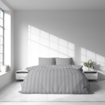 Komplet pościeli „Grey Stripes“. Komplety pościeli 140x200, 140x200 cm, 160x200 cm, 200x200 cm, 200x220 cm. Zestaw pościeli w miękkim szarym kolorze z klasycznym wzorem w paski, idealny do eleganckiej i przytulnej sypialni.