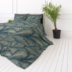 Pościel bawełniana „Infinite Calm“. Zielona pościel, 140x200 cm, 150x200 cm, 160x200 cm, 180x200 cm, 200x200 cm, 200x220 cm, 220x240 cm. Luksusowy ciemnozielony komplet pościeli z połyskującymi motywami liści