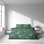 Pościel bawełniana „Jade Leaves“. Pościel bawełniana, 140x200 cm, 200x200 cm, 200x220 cm, 220x240 cm. Nowoczesny motyw botaniczny z delikatnymi miedzianymi liniami na zielonym tle.