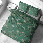 Pościel bawełniana „Jade Leaves“. Pościel bawełniana, 140x200 cm, 200x200 cm, 200x220 cm, 220x240 cm. Kontury i sylwetki liści w złotych i miedzianych kreskach na ciemnozielonym tle.