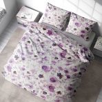 Komplet pościeli "Jasmine". Komplety pościeli 140x200, 140x200 cm, 200x200 cm, 200x220 cm, 220x240 cm. Spokojna pościel z fioletowymi i białymi kwiatami jaśminu na białym tle.