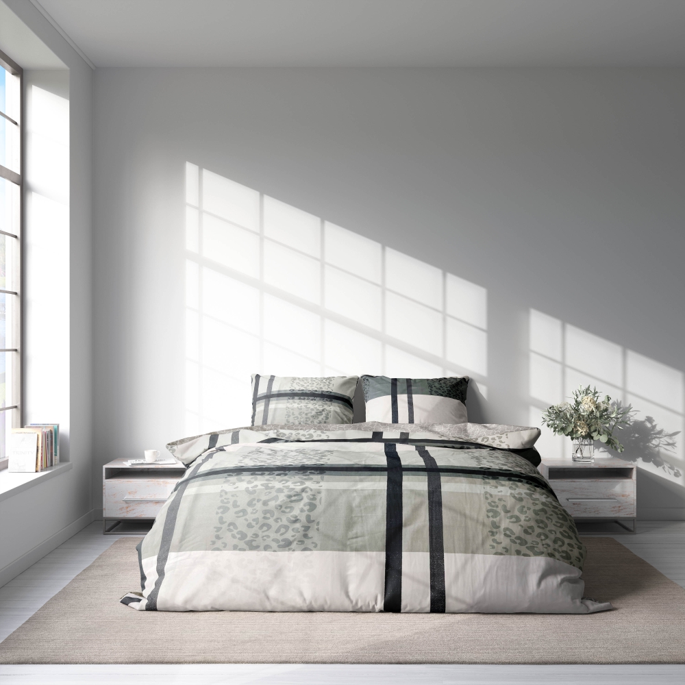 Komplet pościeli "Lane Luxe". Komplety pościeli 140x200, 140x200 cm. Elegancki zestaw pościeli z mieszanką wzorów w kratkę i lamparcie cętki w harmonijnym połączeniu stylu.